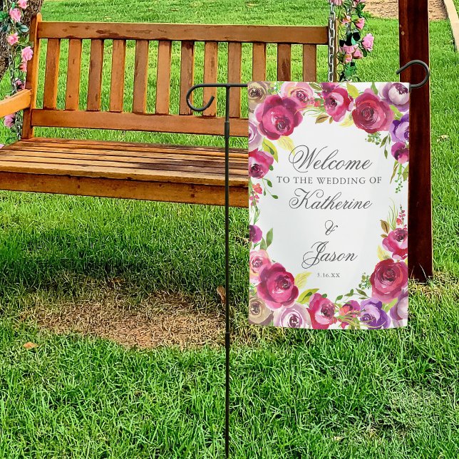 Fuchsia Pink Floral Chic Romantic Wedding Welcome Garden Flag (Creator Uploaded)