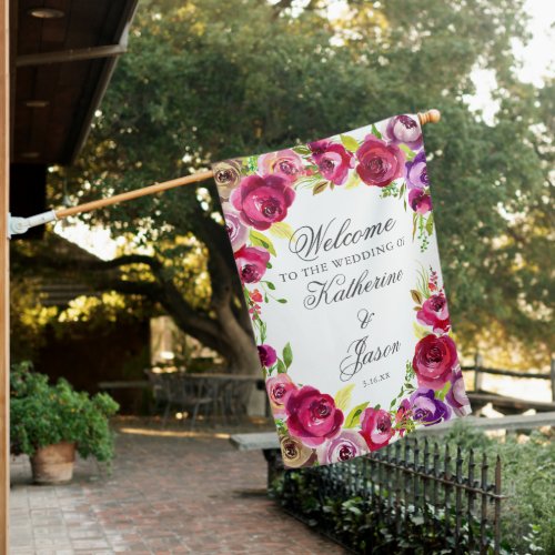 Fuchsia Pink Floral Chic Romantic Wedding Welcome House Flag