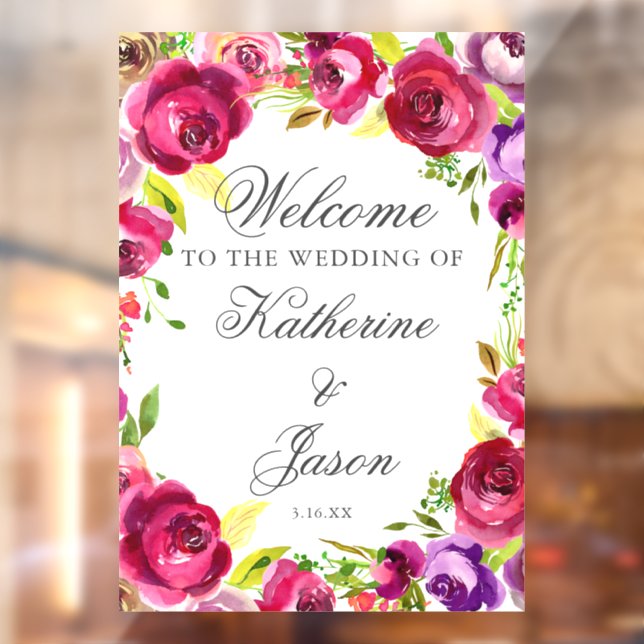 Fuchsia Pink Floral Chic Romantic Wedding Welcome Window Cling (Sheet 2)