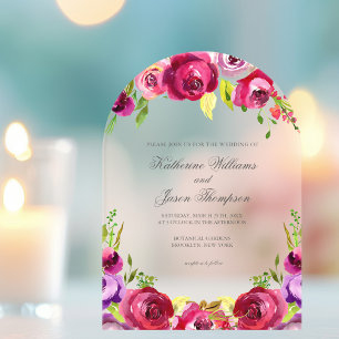 Fuchsia Pink Floral Chic Spring Garden Wedding Acrylic Invitations