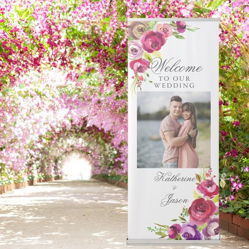 Fuchsia Pink Floral Couple Photo Vertical Wedding Retractable Banner