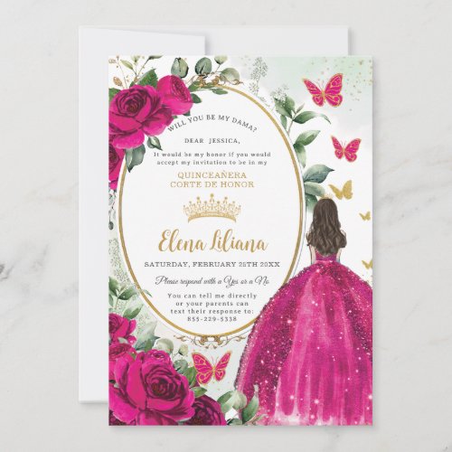Fuchsia Pink Floral Dress Quinceaera Dama Request Invitation