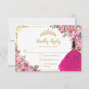 Fuchsia Pink Floral Gold Princess Gown Quinceanera RSVP Card