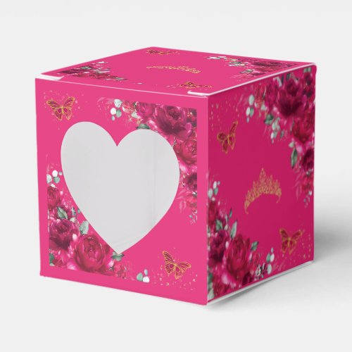 Fuchsia Pink Floral Gold Quinceanera 15 16 XV Mini Favor Boxes