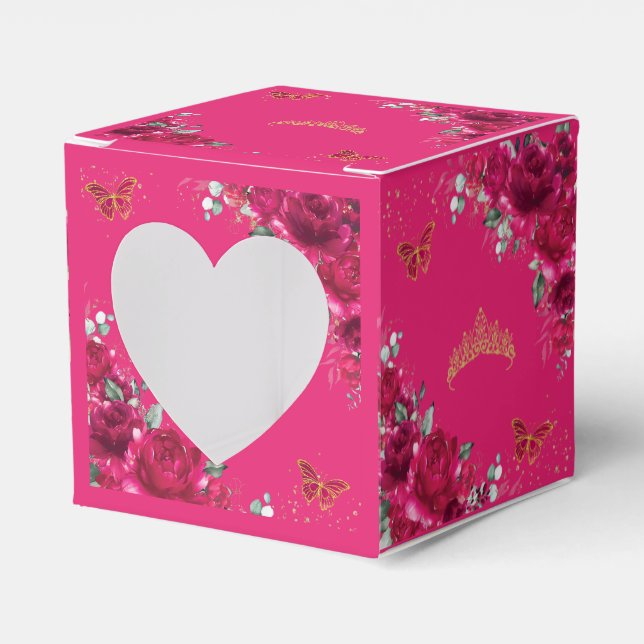 Fuchsia Pink Floral Gold Quinceanera 15 16 XV Mini Favor Boxes (Front Side)