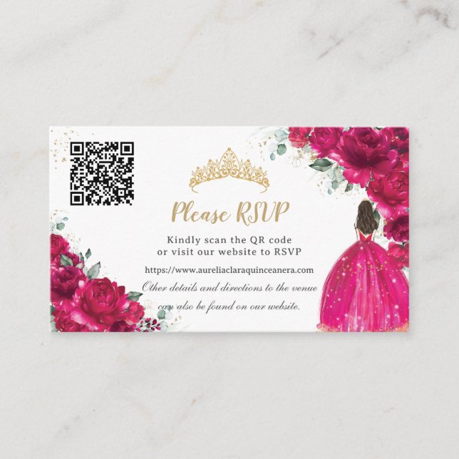 Fuchsia Pink Floral Gold Quinceañera QR Code Enclosure Card (Front)