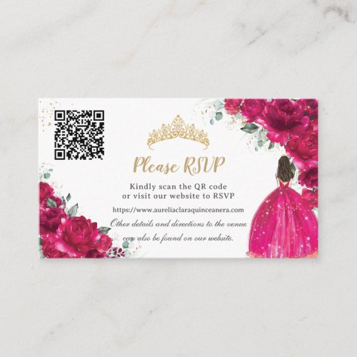 Fuchsia Pink Floral Gold Quinceaera QR Code Enclosure Card