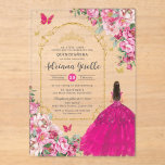 Fuchsia Pink Floral Gold Quinceañera Sweet 16 XV Acrylic Invitations<br><div class="desc">Personalize this elegant fuchsia floral Quinceañera / Sweet 16 birthday acrylic invitation easily and quickly. Simply click the Edit Using Design Tool button to further edit the text, change font and font colors. Featuring beautiful fuchsia, hot pink, light pink roses and a girl dressed in a vibrant fuchsia ball gown....</div>