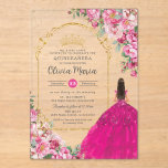 Fuchsia Pink Floral Gold Quinceañera Sweet 16 XV Acrylic Invitations<br><div class="desc">Personalize this elegant fuchsia floral Quinceañera / Sweet 16 birthday acrylic invitation easily and quickly. Simply click the Edit Using Design Tool button to further edit the text, change font and font colors. Featuring beautiful fuchsia, hot pink, light pink roses and a girl dressed in a vibrant fuchsia ball gown....</div>