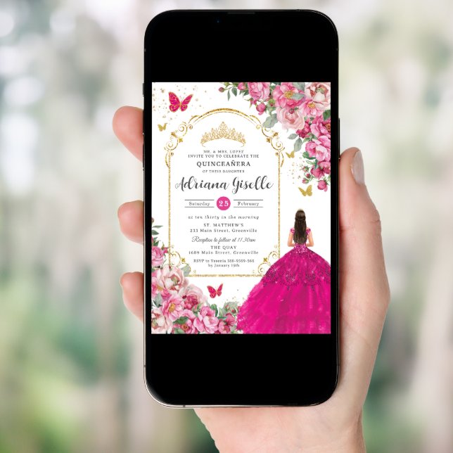 Fuchsia Pink Floral Gold Quinceañera Sweet 16 XV Invitation (Front Digital)