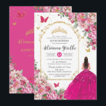 Fuchsia Pink Floral Gold Quinceañera Sweet 16 XV Invitation<br><div class="desc">Personalize this elegant fuchsia floral Quinceañera / Sweet 16 birthday invitation easily and quickly. Simply click the Edit Using Design Tool button to further edit the text, change font and font colors. Featuring beautiful fuchsia, hot pink, light pink roses and a girl dressed in a vibrant fuchsia ball gown. Perfect...</div>