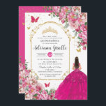 Fuchsia Pink Floral Gold Quinceañera Sweet 16 XV Invitation<br><div class="desc">Personalize this elegant fuchsia floral Quinceañera / Sweet 16 birthday invitation easily and quickly. Simply click the Edit Using Design Tool button to further edit the text, change font and font colors. Featuring beautiful fuchsia, hot pink, light pink roses and a girl dressed in a vibrant fuchsia ball gown. Perfect...</div>