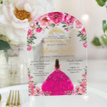 Fuchsia Pink Floral Gold Quinceanera XV Sweet 16 Acrylic Invitations<br><div class="desc">Personalize this pretty floral Quinceañera / Sweet 16 birthday acrylic invitation easily and quickly. Simply click the Edit Using Design Tools button to further edit the text, change font styles and font colors. Featuring a girl dressed in a vibrant fuchsia pink dress, a combination of pretty fuchsia pink and light...</div>