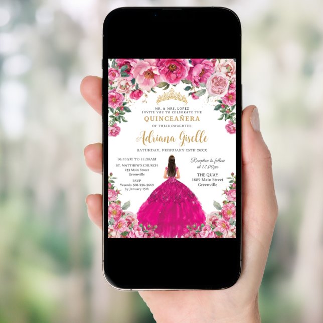 Fuchsia Pink Floral Gold Quinceanera XV Sweet 16 Invitation (Front Digital)