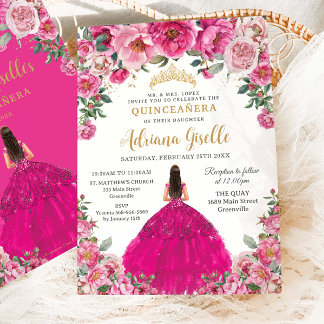 Fuchsia Pink Floral Gold Quinceanera XV Sweet 16 Invitation