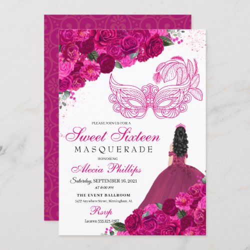 Fuchsia Pink Floral Masquerade Sweet 16 Invitation