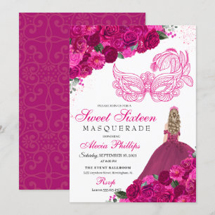Fuchsia Pink Floral Masquerade Sweet 16 Invitation