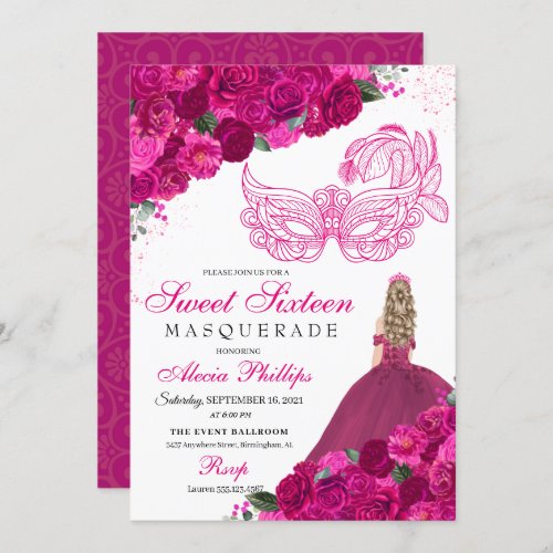Fuchsia Pink Floral Masquerade Sweet 16 Invitation