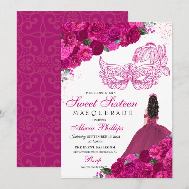 Fuchsia Pink Floral Masquerade Sweet 16 Invitation (Front/Back)
