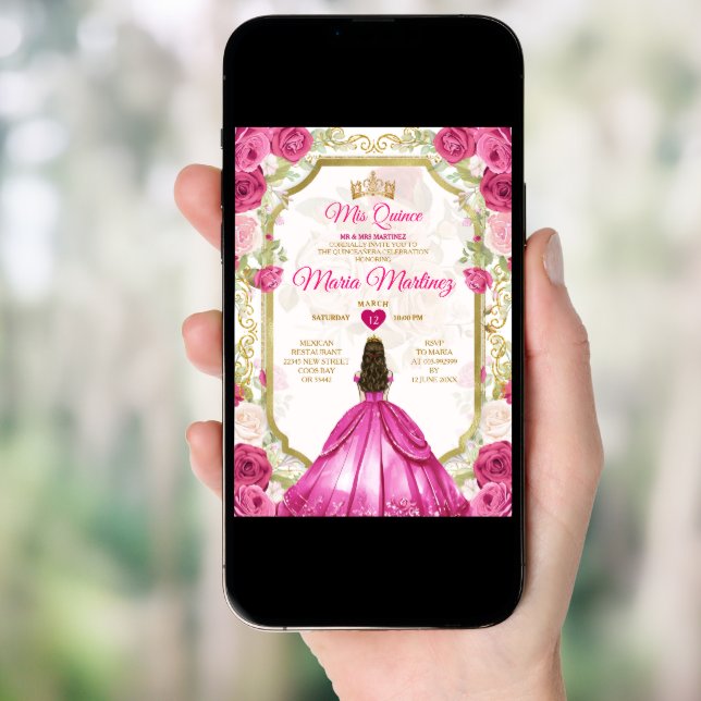 Fuchsia Pink Floral Mexican Princess Quiñceanera Invitation (Front Digital)