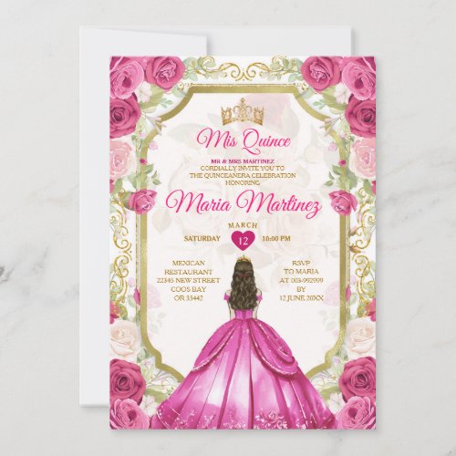 Fuchsia Pink Floral Mexican Princess Quiceanera Invitation
