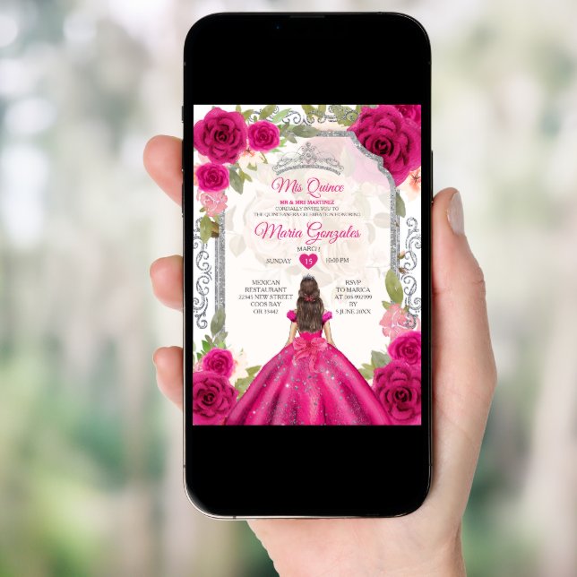Fuchsia Pink Floral Mis Quince 15 Anos Quinceañera Invitation (Front Digital)