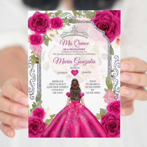 Fuchsia Pink Floral Mis Quince 15 Anos Quinceaera Invitation