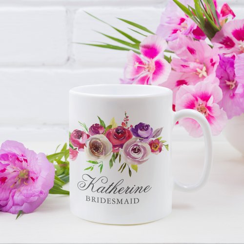 Fuchsia Pink Floral Personalized Bridesmaid Gift Coffee Mug