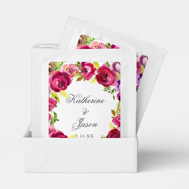 Fuchsia Pink Floral Personalized Wedding Tea Bag Drink Mix (Pair)