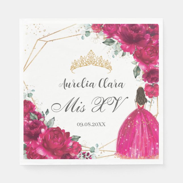Fuchsia Pink Floral Princess Gown Gold Quinceañera Napkins (Front)