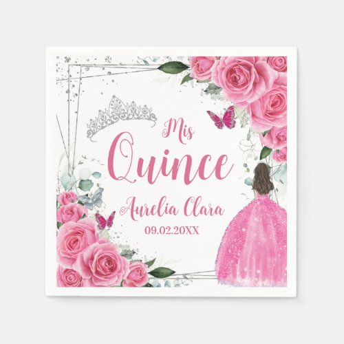 Fuchsia Pink Floral Princess Silver Quinceañera 15
