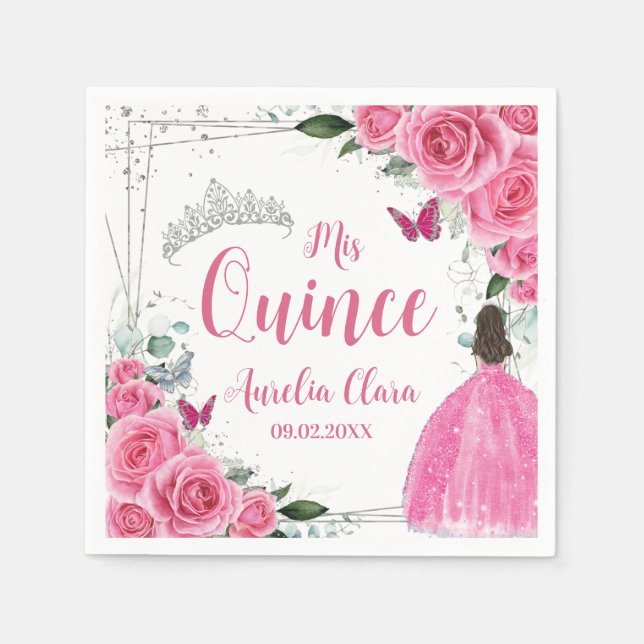 Fuchsia Pink Floral Princess Silver Quinceañera 15 Napkins (Front)