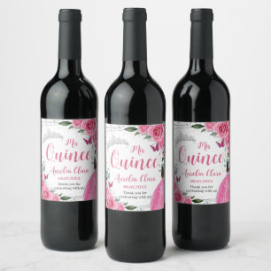 Fuchsia Pink Floral Princess Silver Quinceañera 15 Wine Label