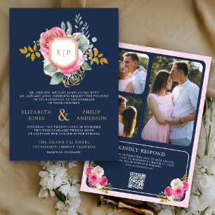 Fuchsia Pink Floral QR Code Navy Crest Wedding Invitation