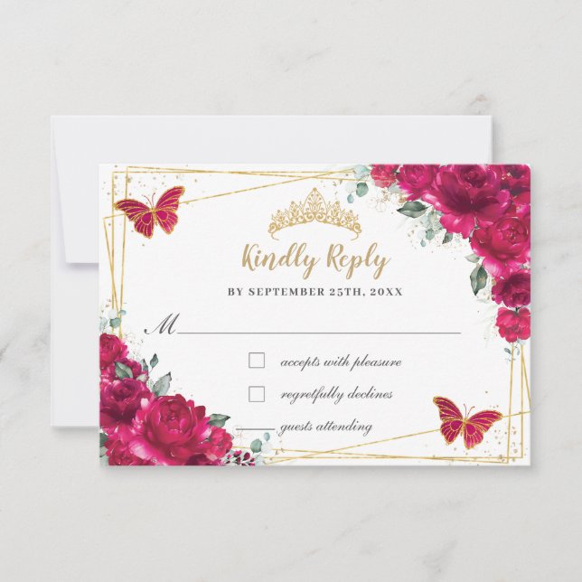 Fuchsia Pink Floral Quinceañera Butterflies Reply  RSVP Card (Front)