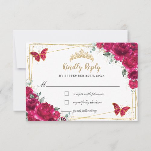 Fuchsia Pink Floral Quinceaera Butterflies Reply  RSVP Card