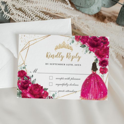 Fuchsia Pink Floral Quinceaera Princess Reply RSVP Card