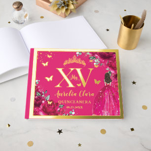 Fuchsia Pink Floral Quinceañera Quince 15 XV Gold Foil Guest Book