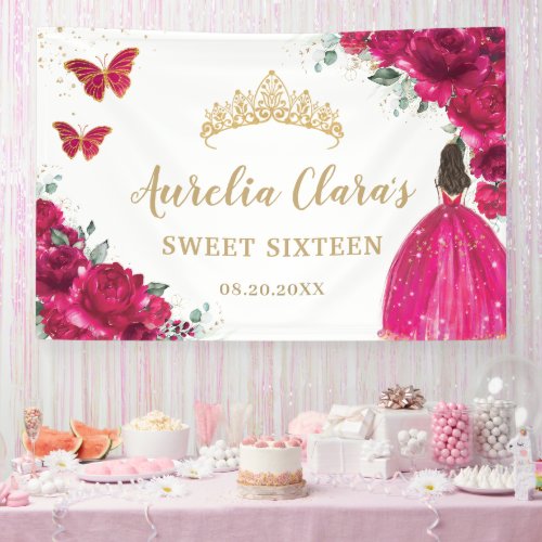 Fuchsia Pink Floral Quinceaera Sweet 16 Backdrop Banner