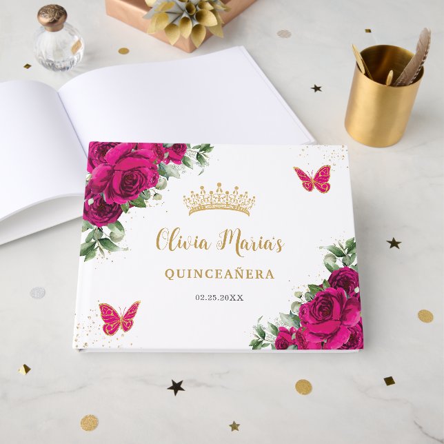 Fuchsia Pink Floral Quinceanera Sweet 16 Birthday Guest Book (Front Open)