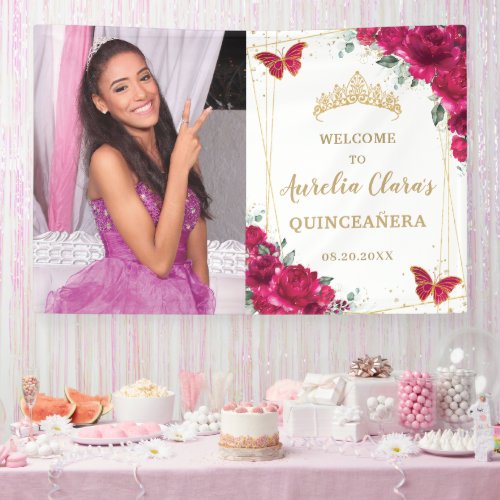 Fuchsia Pink Floral Quinceaera Welcome Backdrop Banner