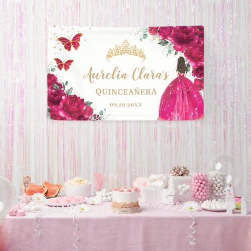 Fuchsia Pink Floral Quinceaera Welcome Backdrop Banner