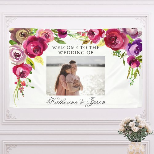 Fuchsia Pink Floral Romantic Photo Wedding Welcome Banner