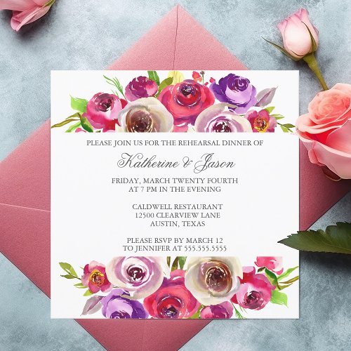 Fuchsia Pink Floral Romantic Rehearsal Dinner Invitation