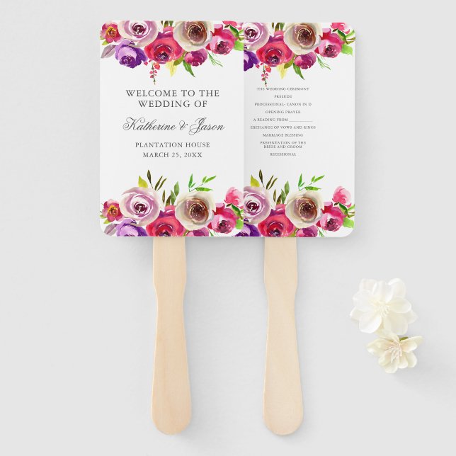 Fuchsia Pink Floral Romantic Rose Garden Wedding Hand Fan (Front and Back)
