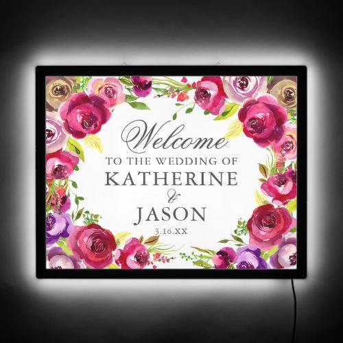 Fuchsia Pink Floral Romantic Wedding Chic Welcome LED Sign