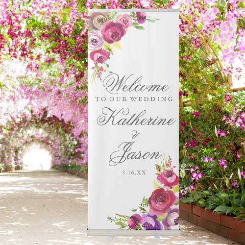 Fuchsia Pink Floral Romantic Wedding Welcome Retractable Banner