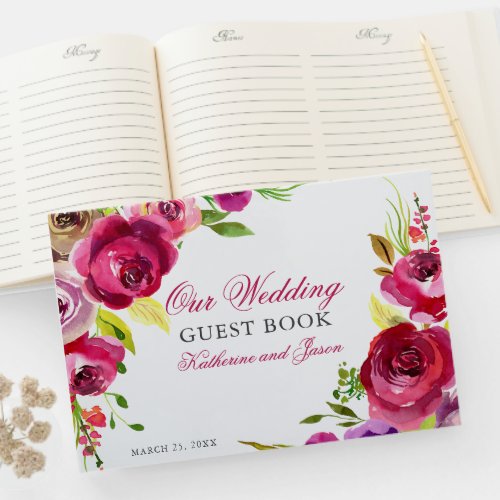 Fuchsia Pink Floral Rose Romantic Garden Wedding Guest Book