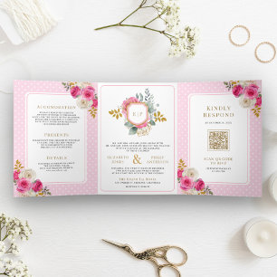Fuchsia Pink Floral Roses All in One Crest Wedding Tri-Fold Invitation