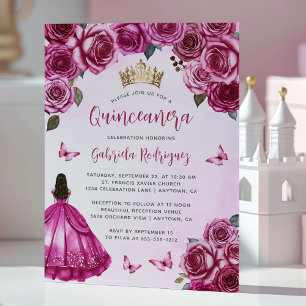 Fuchsia Pink Floral Roses Watercolor Quinceañera Invitation